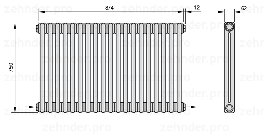 Схема (чертеж) Радиатор Zehnder Charleston 2075/19 №2670 Белый глянцевый RAL 9016